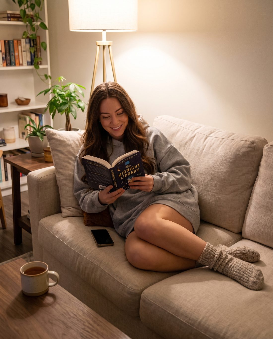 A creator relaxing on her sofa with a book while her AI twin makes her content