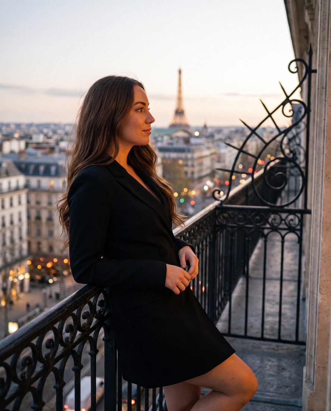 Her AI twin on a Paris balcony at dusk